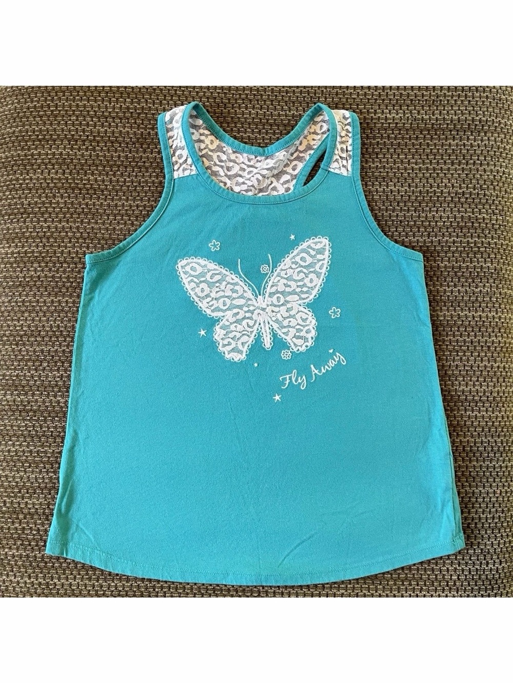 Faded Glory Girls L 10-12 Butterfly Applique Tank Top Lace Aqua Blue Fly Away